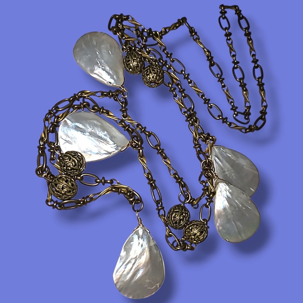 Vintage Gold Tone Brass Filigree Mother Of Pearl Teardrop Station Necklace 36"